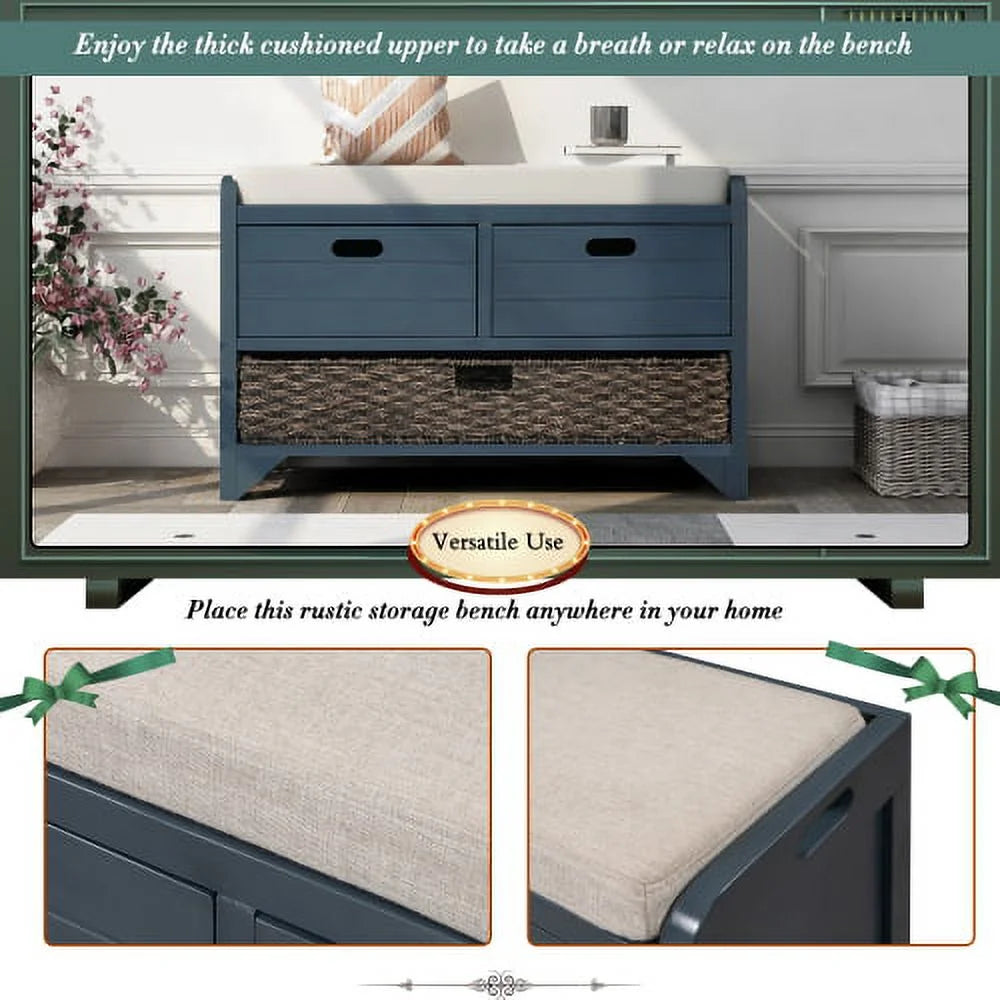 Solid Wood Storage Bench, Narrow Entryway Bench with 2 Drawers and Removable Basket, Classic Accent Shoe Bench with Storage and Removable Cushion for Hallway Living Room, Fully Assembled, Navy