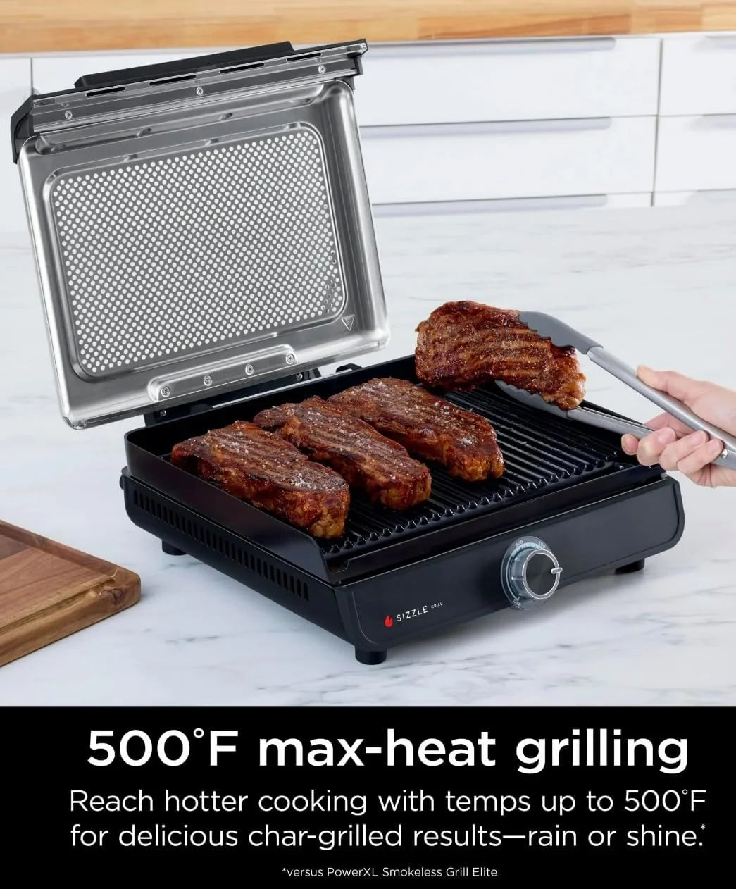 Ninja Sizzle Indoor Grill, 500F High Heat Kitchen Grill with Nonstick 14 Inch Plate, Low-Smoke Technology, Edge-to-Edge Heating, Family-Sized Capacity, Countertop Cooking Tool (GR100)
