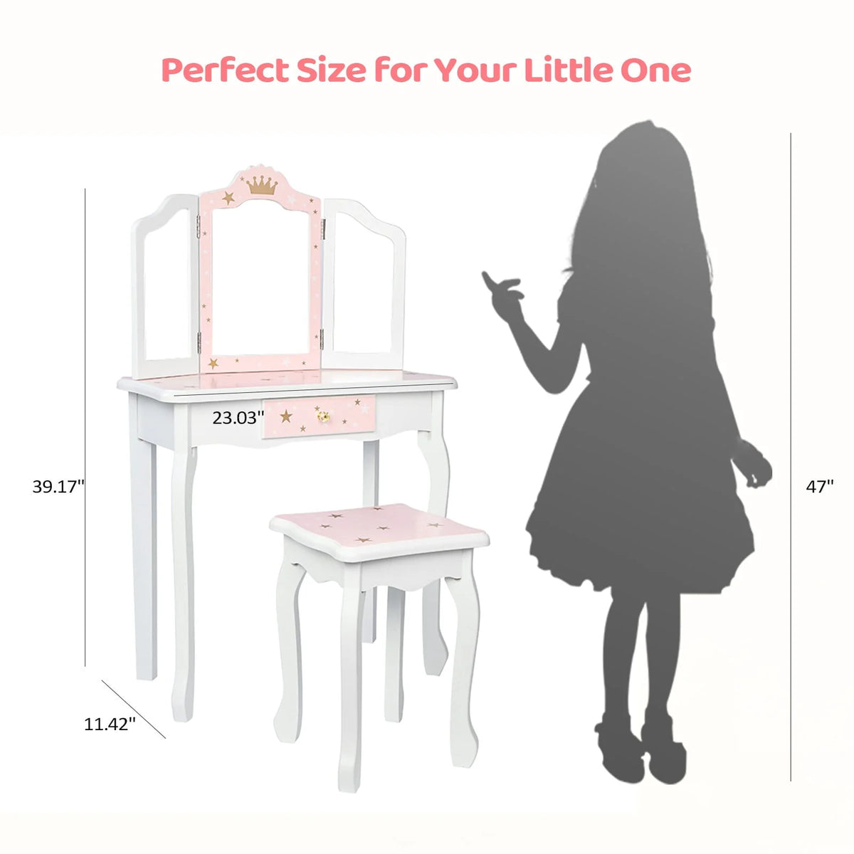 JOYMOR Kids Vanity Table and Stool for Makeup Dressing with Mirrors Drawers, White