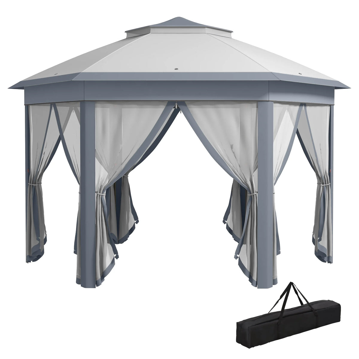 Outsunny 13' x 13' Pop Up Gazebo Hexagonal Canopy with 6 Zippered Mesh Netting, 2-Tier Roof Event Tent with Steel Frame for Patio Backyard, Gray