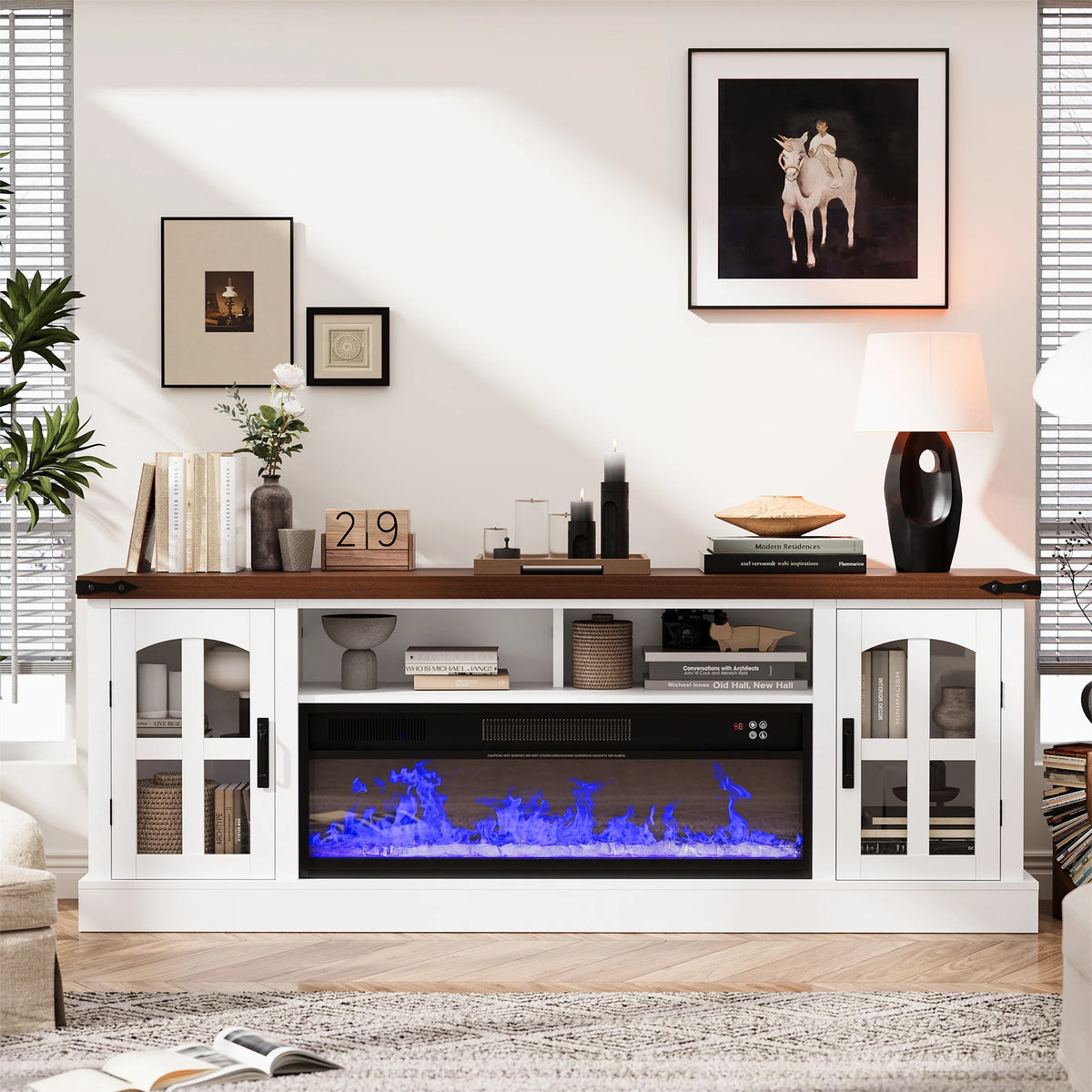 Planntonneo Mid-Century Modern Fluted TV Stand Wooden Media Console Entertainment Center for Living Room, Walnut Color