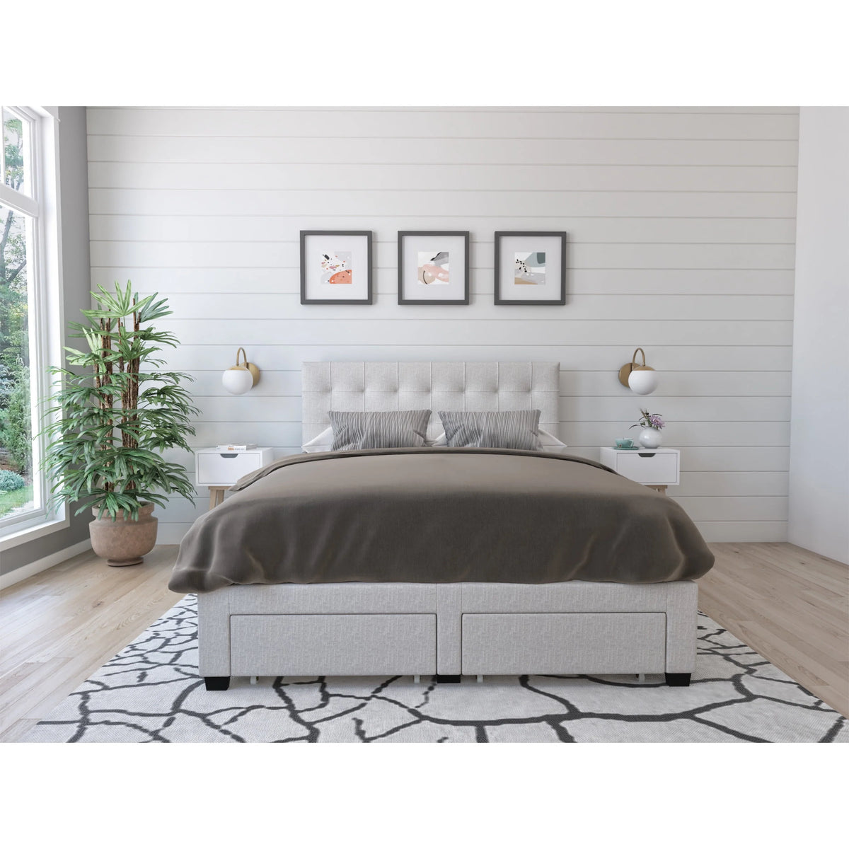 DG Casa Benjamin Upholstered Platform Bed Frame with Storage Drawers Square Tufted Headboard and Full Wooden Slats, Box Spring Not Required - Queen Size in Beige Polyester Blend Fabric