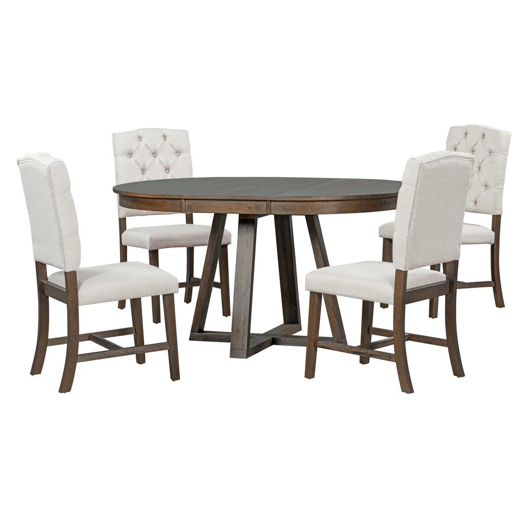 5 Piece Round Dining Table Set, Dining Room Set with Extendable Table and 4 Upholstered Chairs, Wood Dining Table Set for 4, Farmhouse Dining Table Set for Kitchen Dining Room Dorm Apartment, Brown