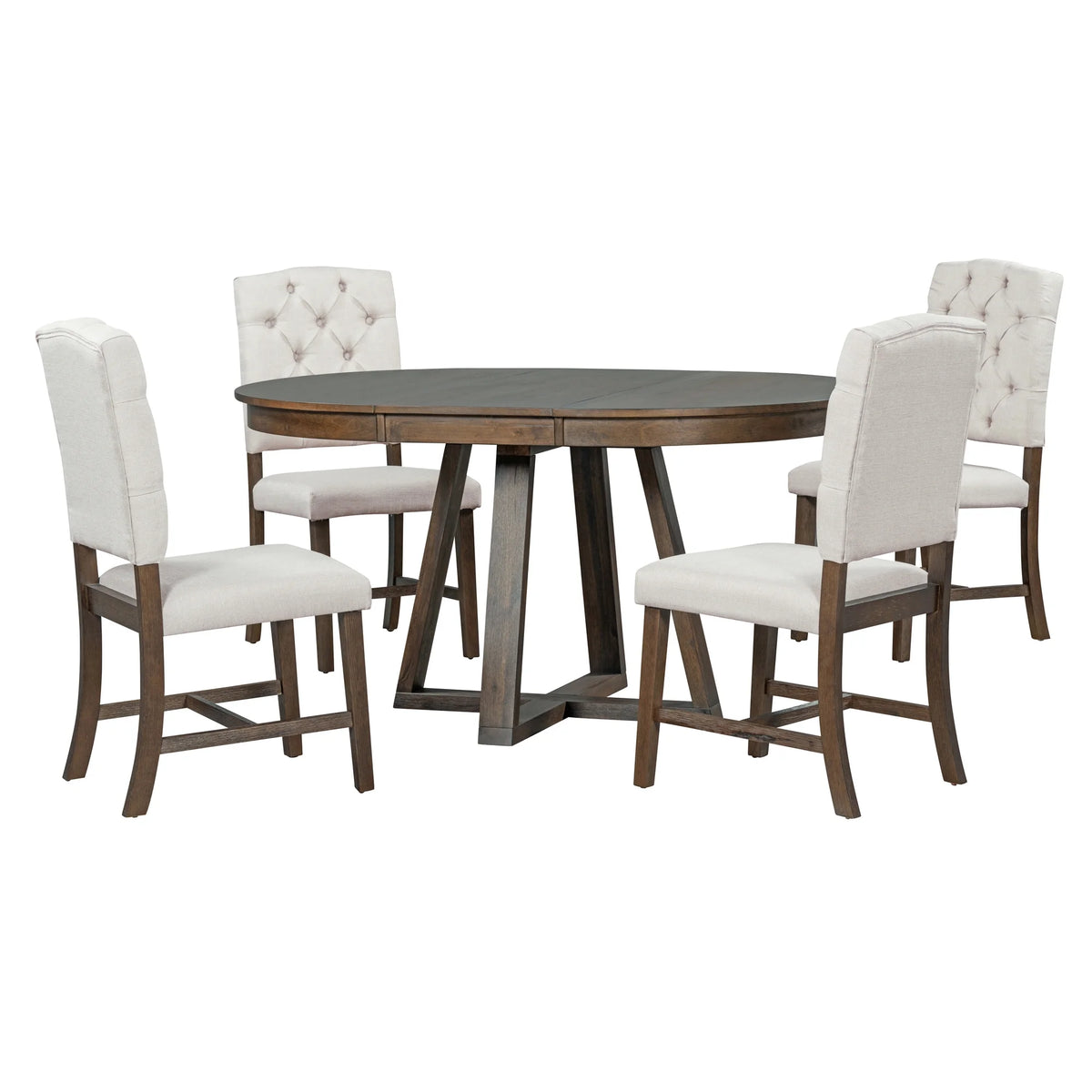 5 Piece Round Dining Table Set, Dining Room Set with Extendable Table and 4 Upholstered Chairs, Wood Dining Table Set for 4, Farmhouse Dining Table Set for Kitchen Dining Room Dorm Apartment, Brown