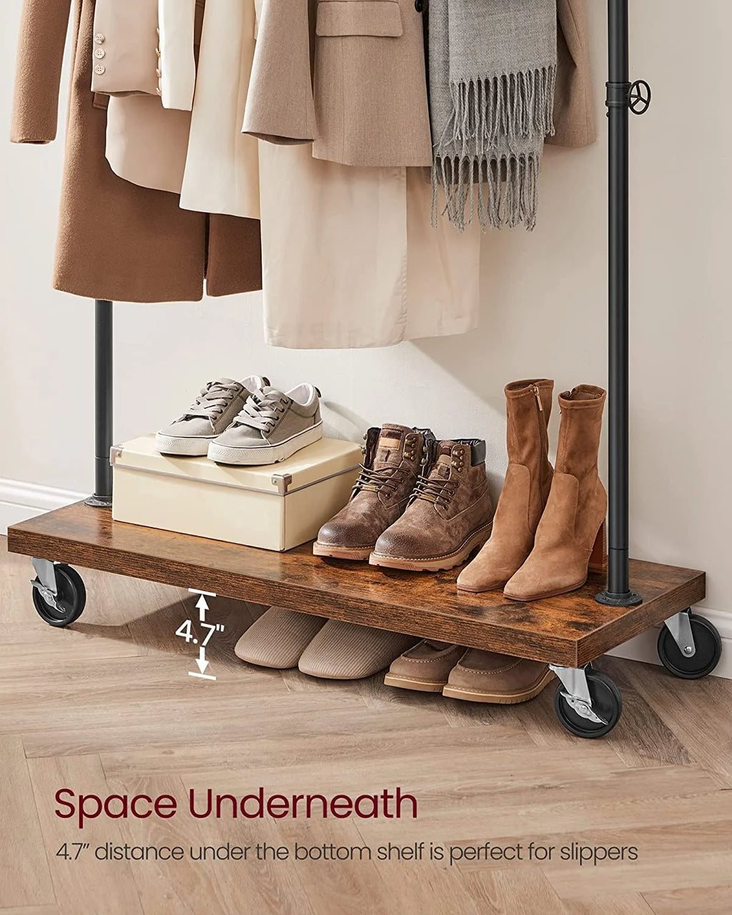 VASAGLE Clothes Rack Heavy Duty Clothing Rack Rolling Garment Rack with Shelf for Bedroom Laundry Room Retail Store Rustic Brown and Black