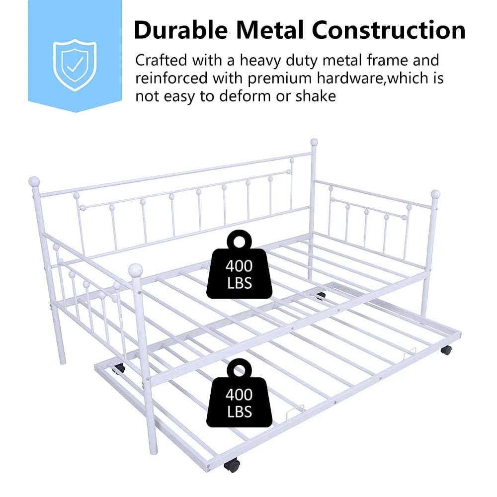 BTMWAY Twin Daybed with Trundle Included, Metal Daybed Frame with Pull Out Trundle Bed, No Box Spring Needed, Twin Size Daybed Sofa Bed for Kid's Room Bedroom, Each Bed Holds 400lb, White
