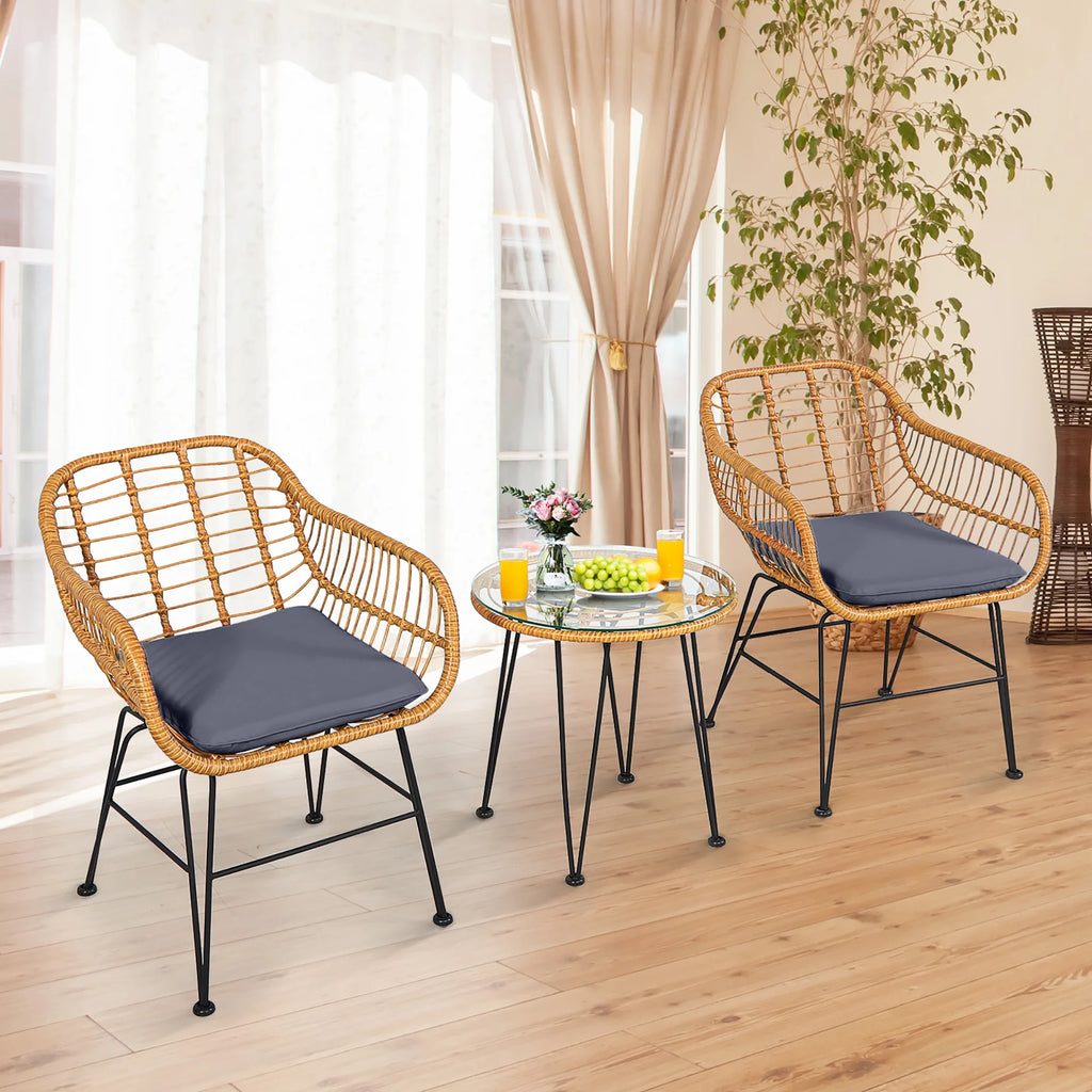 Costway 3PCS Patio Rattan Bistro Furniture Set Cushioned Chair Table Navy