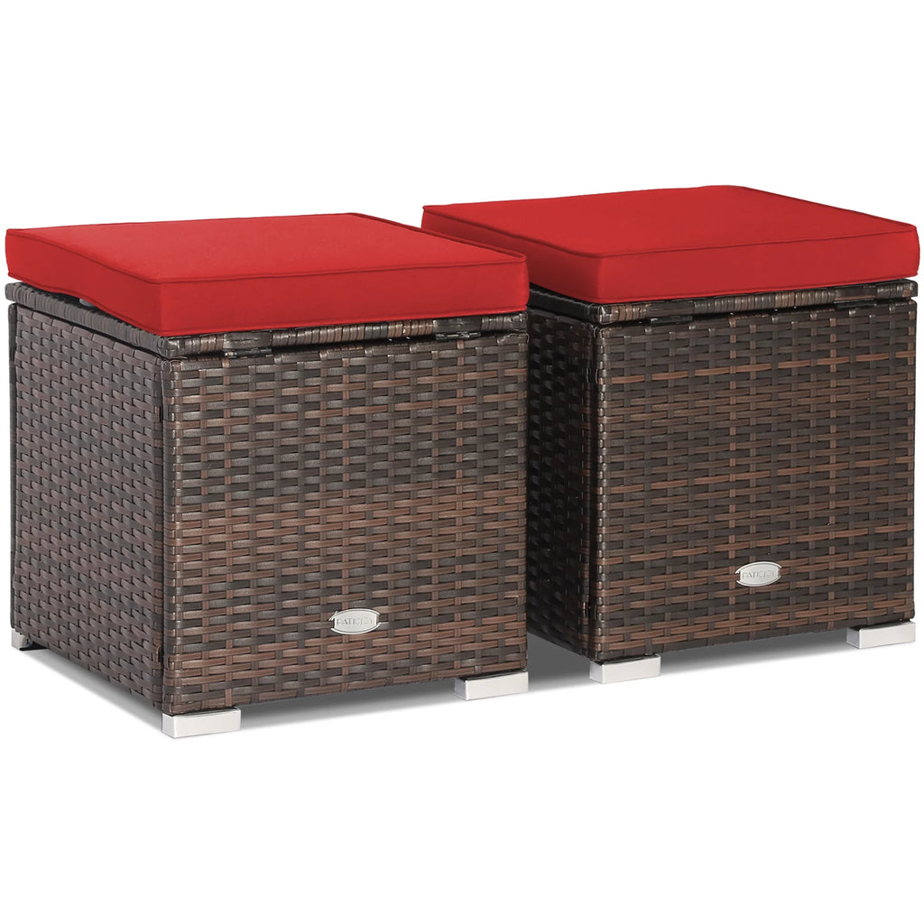 Costway 2PC Patio Rattan Ottoman Seat Side Table Storage Box Footrest Off White
