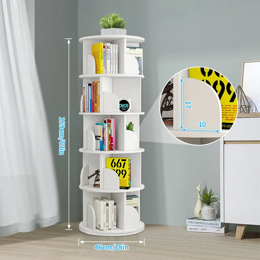 Bimiti 5 Tier Rotating Bookshelf, 360 Revolving Bookcase 20 Shelves Floor-Standing Storage Display Rack - White 63"x18"x18", Adult