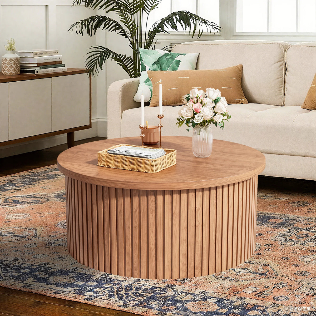 Oubayajia Round Coffee Table with Storage, Wood Lift Top Coffee Table, Waveform Panel, Natural
