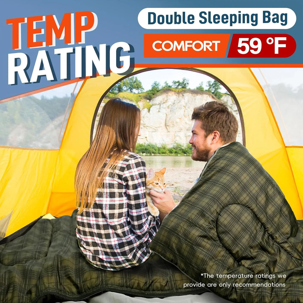 Double Sleeping Bag for Adults Mens with Pillow, XL Queen Size Two Person Sleeping Bag for All Season Camping Hiking Backpacking 2 Person Sleeping Bags for Cold Weather & Warm