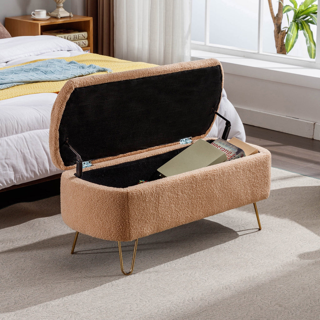 Syngar Entryway Bench with Storage for Bedroom, Living Room, and End of Bed, Faux Fur Ottoman Foot Rest with Storage,Upholstered Bench with Storage with Metal Leg,Ivory