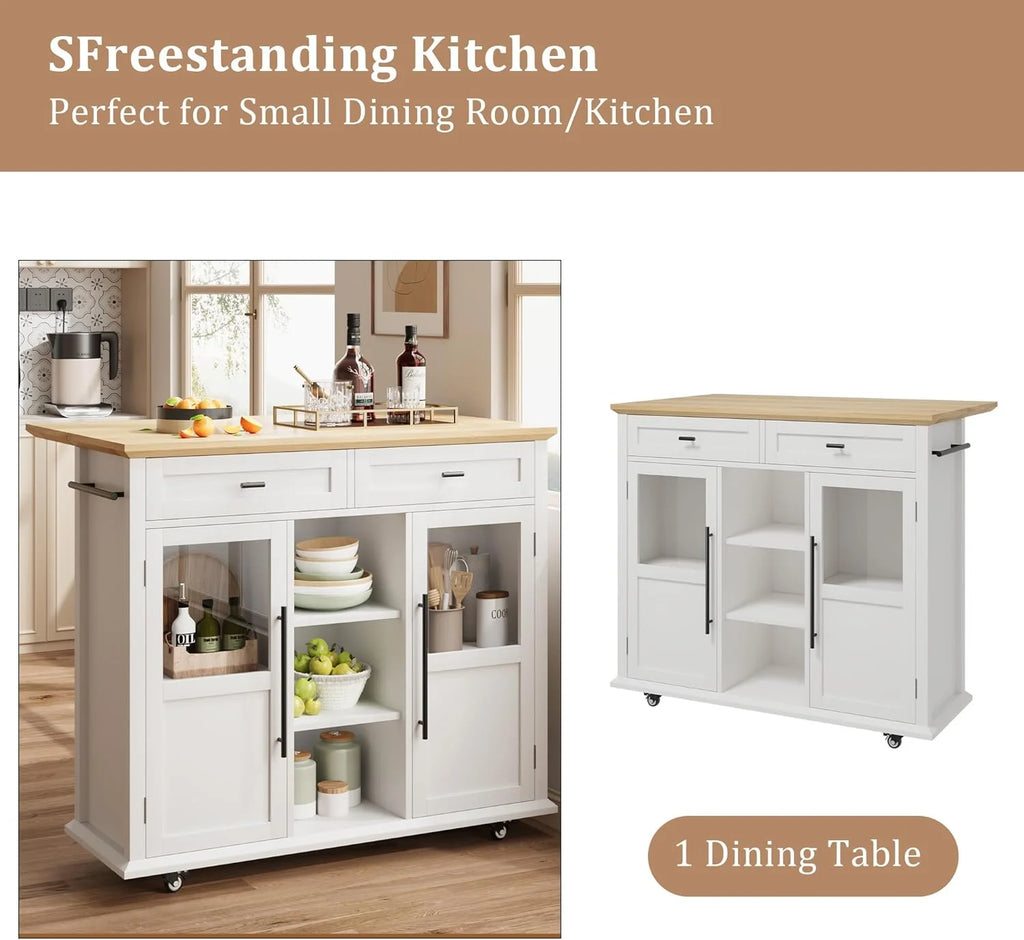 WALYWIK Foldable Kitchen Island Cart with Wheels, 2 Glass Doors, Spice Rack & Towel Holder Compact Mobile Storage Cart for Small Kitchens, Dining Rooms, Camping & RVs - Grey