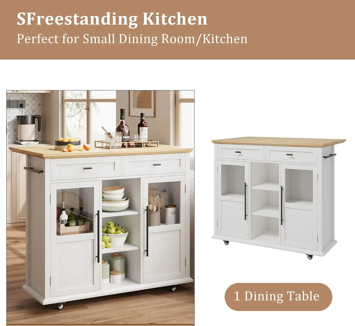 WALYWIK Foldable Kitchen Island Cart with Wheels, 2 Glass Doors, Spice Rack & Towel Holder Compact Mobile Storage Cart for Small Kitchens, Dining Rooms, Camping & RVs - Grey
