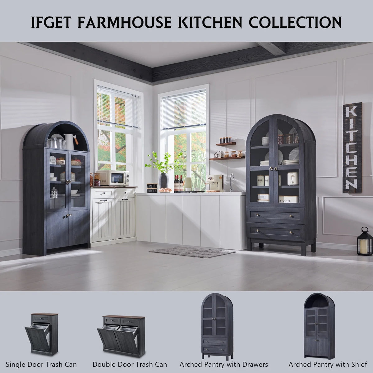 SinCiDo Arched Kitchen Pantry Storage Cabinet, 71-Inch Tall Wood Adjustable Shelves, 2 Doors, 2 Drawers