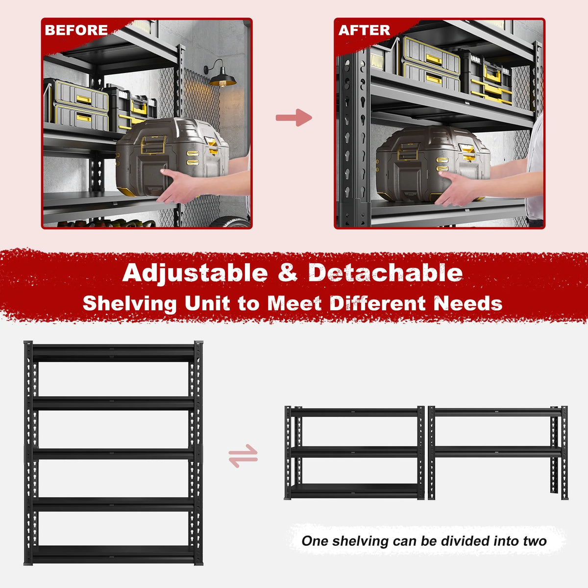 REIBII 3000 LBS Heavy Duty Storage Shelf for Garage Storage 72" Adjustable Metal Shelving Rack