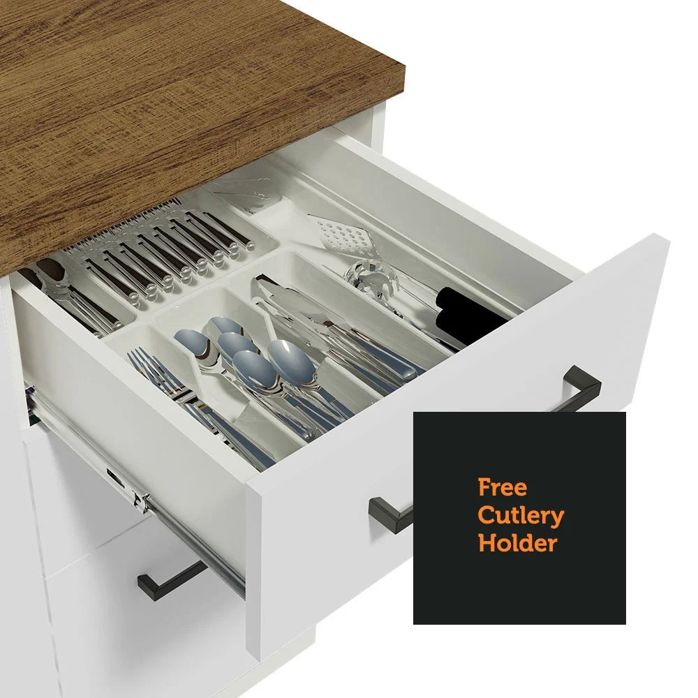 Madesa Full Set Hazel Kitchen Storage Cabinet 107 Inch Wooden Organization Unit with Multiple Compartments Engineered Wood Slab Doors Painted Finish Floor Mount Removable Plinth - White/Brown