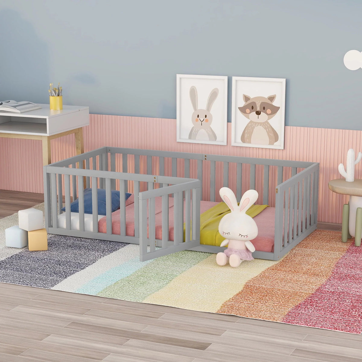 Wood Floor Bed with Fence and Door for Kids, Twin, Gray