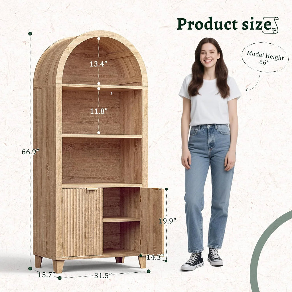 Bookshelf Arched Cabinet,5-Tier Arched Bookcase with Doors and Adjustable Shelves,Wooden Storage Cabinet with Open Display Shelf for Office,Living Room Light Oak