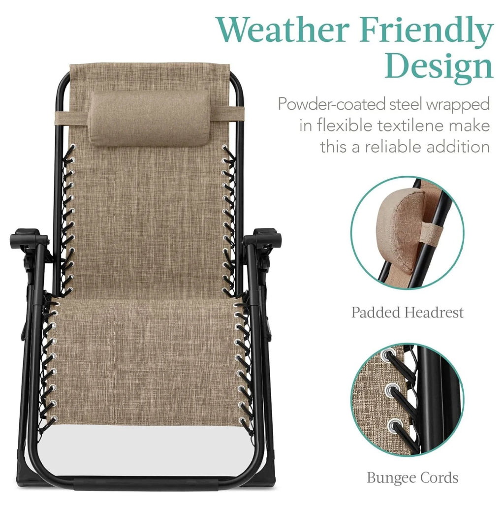 Oversized Chair, Folding Outdoor Patio Recliner, XL Anti Gravity Lounger w/Removable Cushion, Cup Holder, Side Tray, 350lb Capacity - Taupe