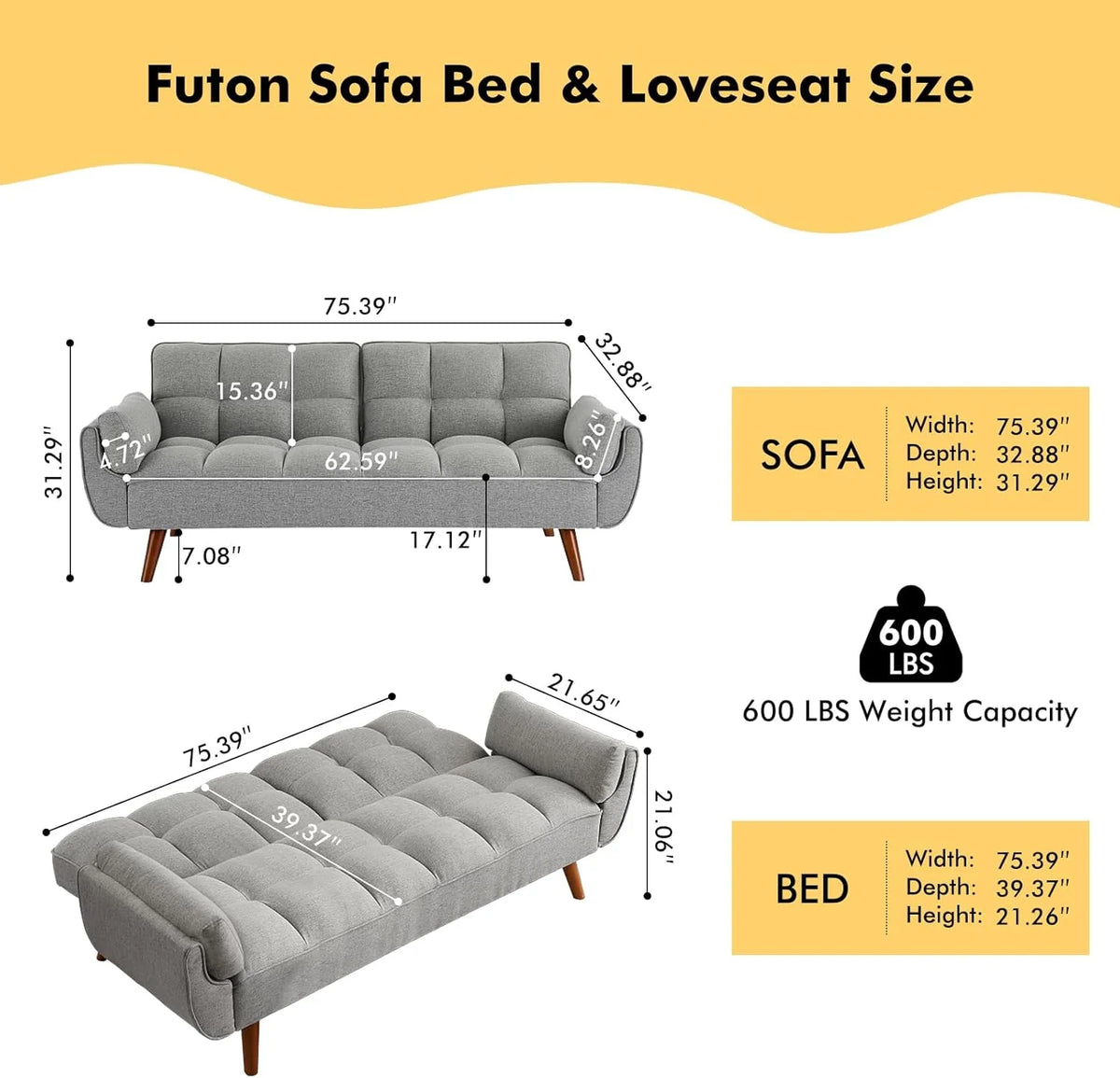 Mydepot Convertible Futon Sofa Bed, Adjustable Couch Sleeper Modern Fabric Recliner Reversible Loveseat Folding Daybed Guest Bed, Armrests, Yellow