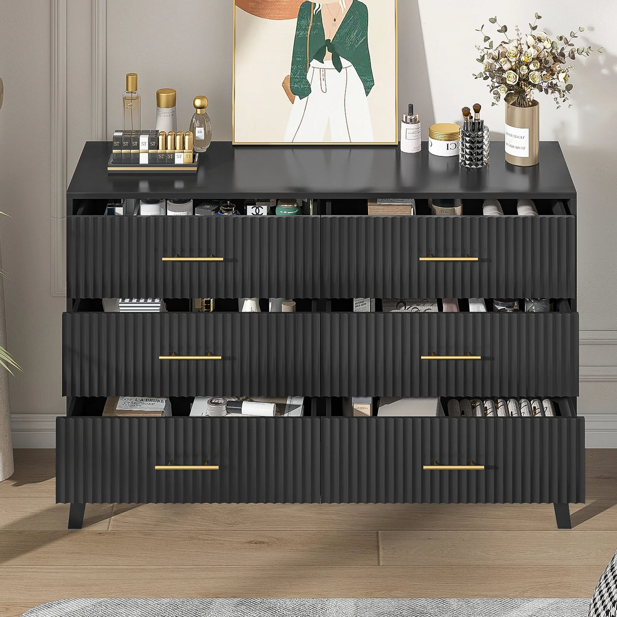 Fluted 6 Drawers Dresser, Wide Modern Chest of Drawers, 6 Drawer Double Dresser