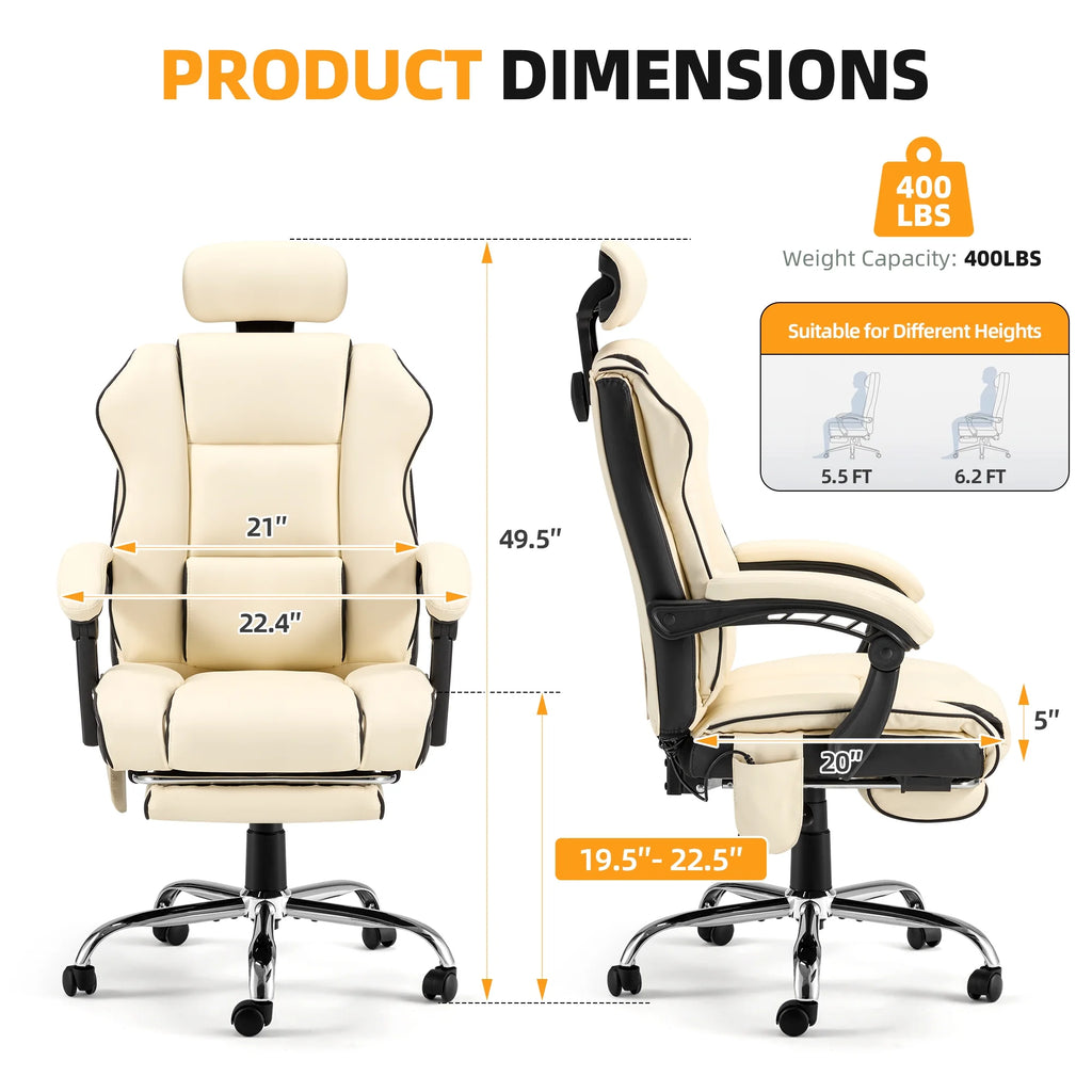 HOMREST 6-Point Massage Office Chair with Footrest, Heated Executive Office Chair with Reclining Backrest, Ergonomic Gaming Chair with Padded Armrest, Off-White