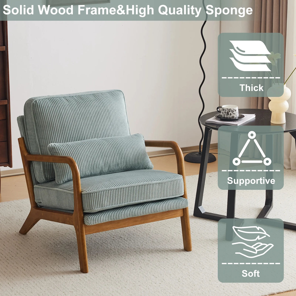 Ktaxon Accent Chair Corduroy Upholstered Armchair, Reading Club Chair with Pillow and Solid Wood Frame for Living Room Bedroom Furniture Off White