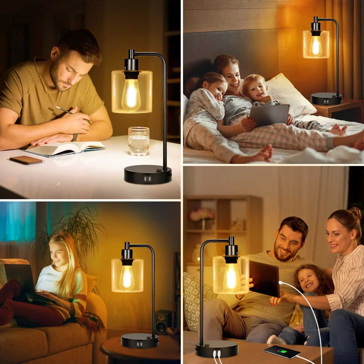 Neoglint Set of 2 Industrial Table Lamps, Black Touch Control 3-Way Dimmable, 2 USB Ports & AC Outlet Bedside Nightstand Lamps