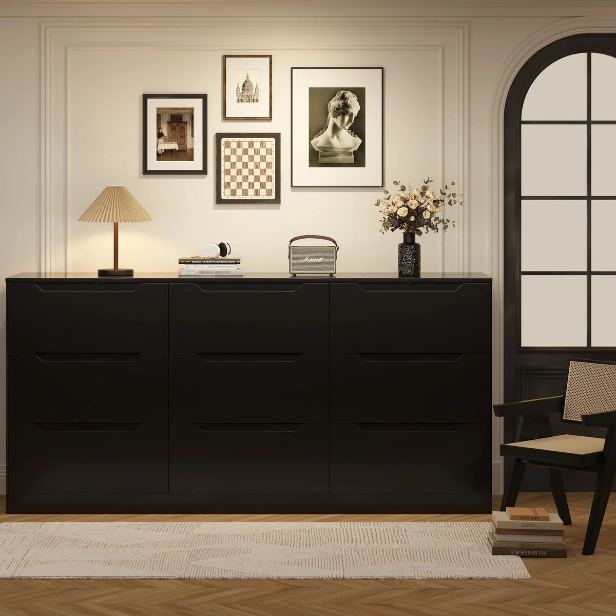 Winkalon 9 Drawers Double Dresser, Modern Wood Dresser Chest of Drawers with Large Storage Space for Bedroom,Living Room, Hallway, Black