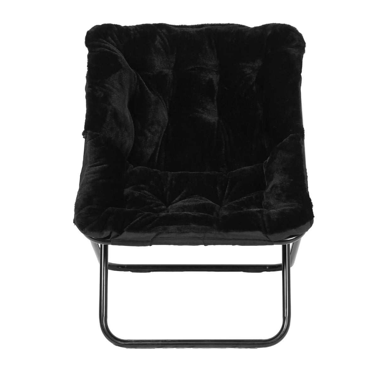 Emma + Oliver Oversized Faux Fur Folding Saucer Chair for Dorm, Bedroom, Black Faux Fur/Black Frame