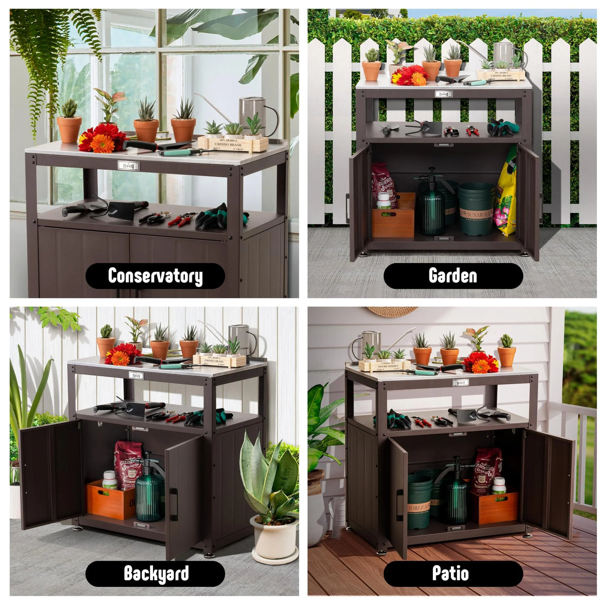 Garden Potting Bench with Storage Cabinet, Outdoor Gardening Table and Plant Workbench, Gardening, with Stainless Steel Tabletop