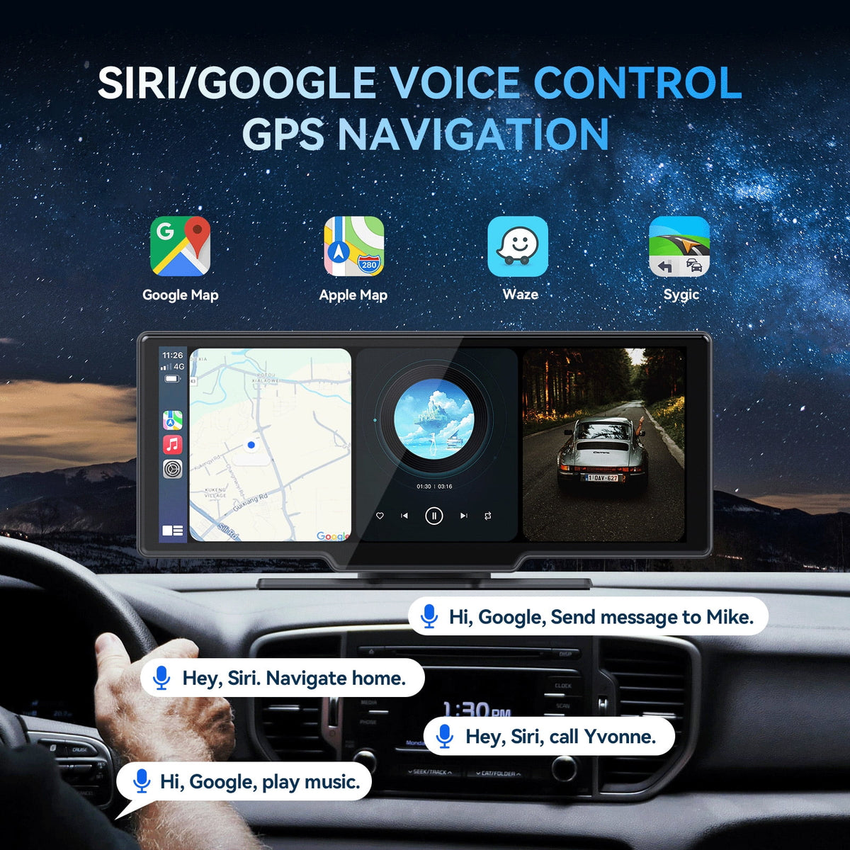 10.26 Wireless Apple Carplay Screen with Android Auto, 4K Dash Cam, Backup Camera, Bluetooth, GPS, Voice Control