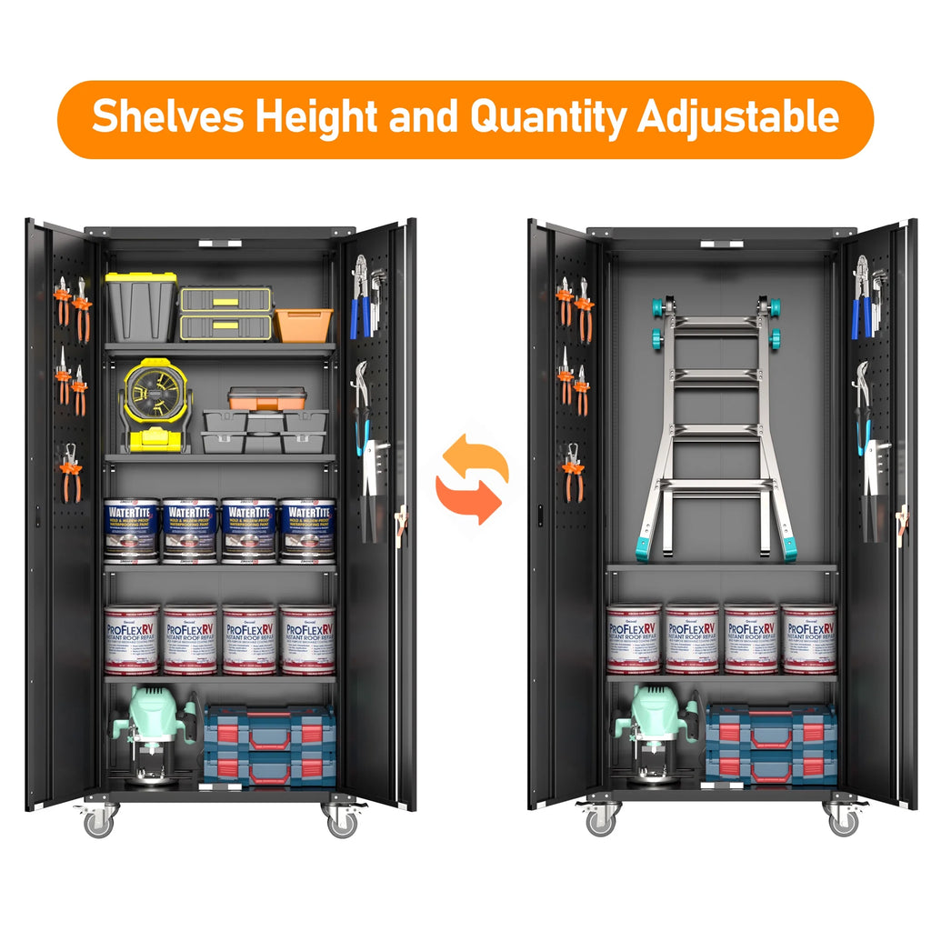 GangMei 71 Inches Tall Metal Garage Storage Cabinets with 5 Adjustable Shelves & Pegboards, Lockable Steel Black Storage Cabinet with Doors for Office, Home, School, Shops, Garage, Assembly required