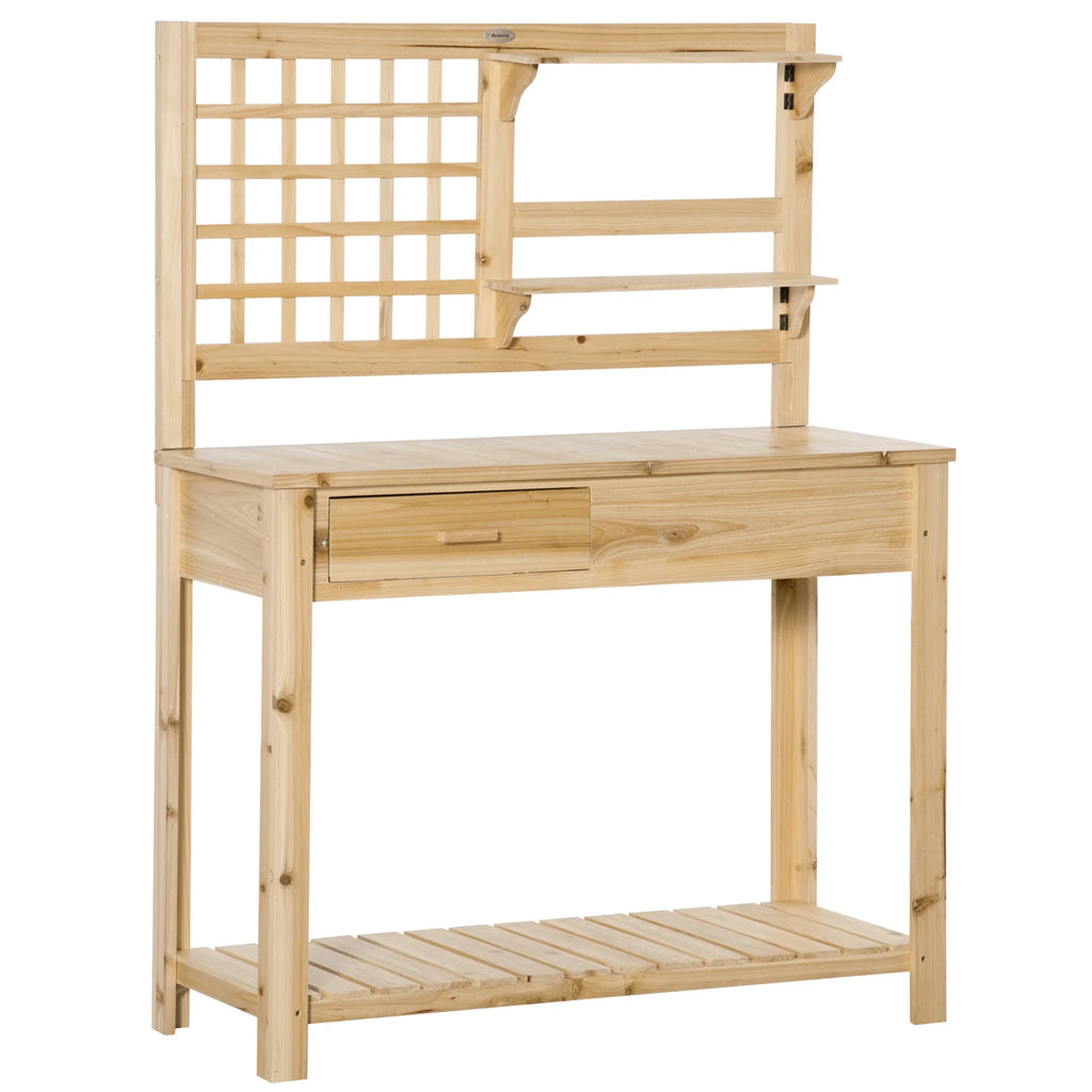 Outsunny Potting Bench Table, Garden Work Bench, Outdoor Wooden Workstation with Tiers of Shelves and Drawer for Patio, Courtyards, Balcony, Grey