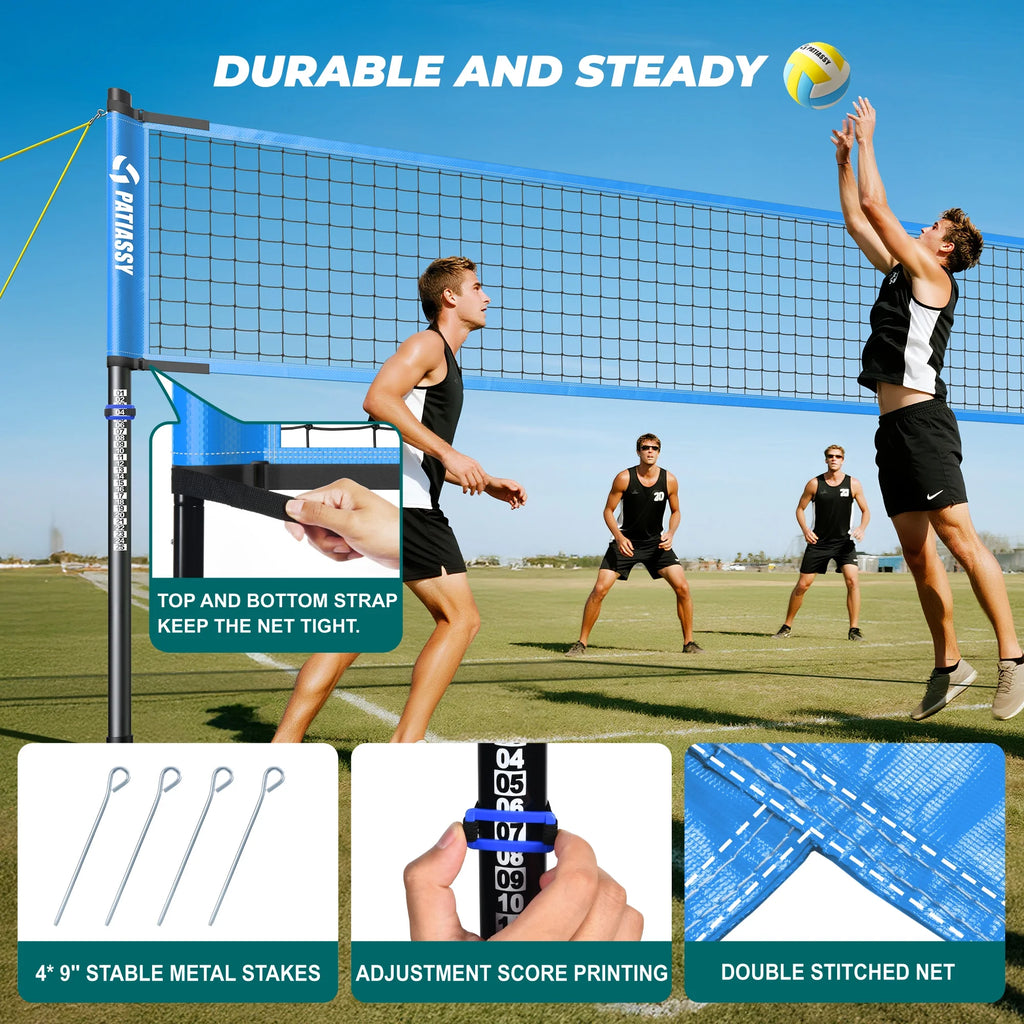 Patiassy Outdoor Portable Volleyball Net Set System for Backyard - Quick & Easy Setup Adjustable Height Steel Poles, PU Volleyball, Pump and Carrying Bag