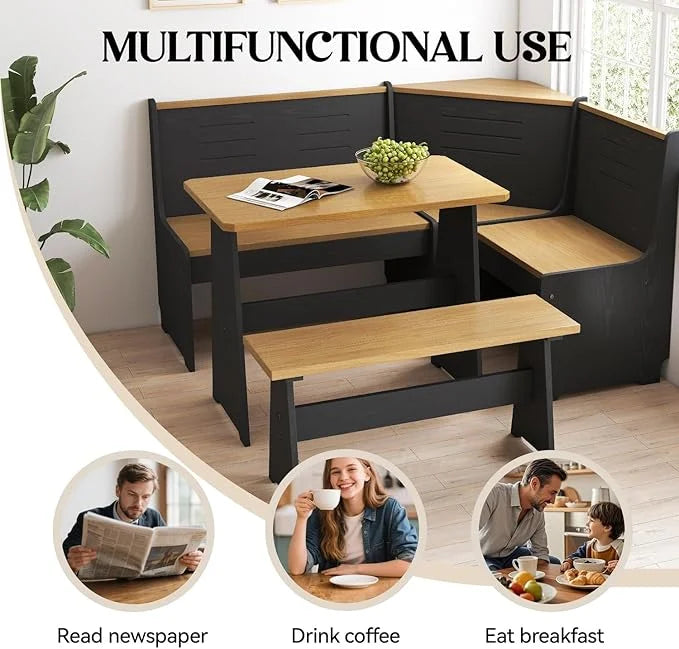 Breakfast Nook Kitchen Corner Dining Table Bench Chair Set, Space-Saving 3-4 Seat L-Shape Farmhouse Mid Century Modern Style for Family Home Black Wood