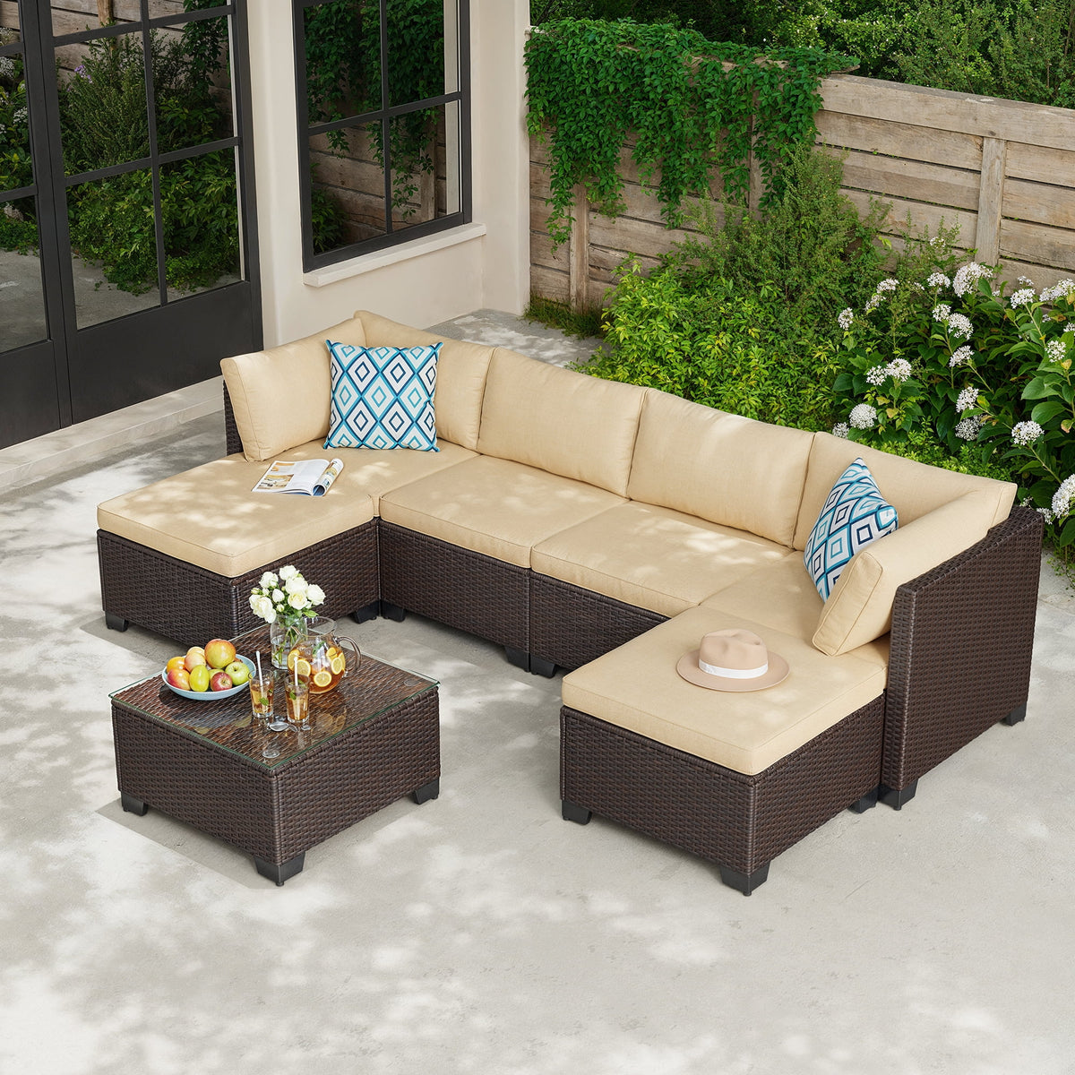 7 Piece Outdoor Patio Furniture Set, Asofer Rattan Wicker Outdoor Conversation Sectional Sofa Set, Gray