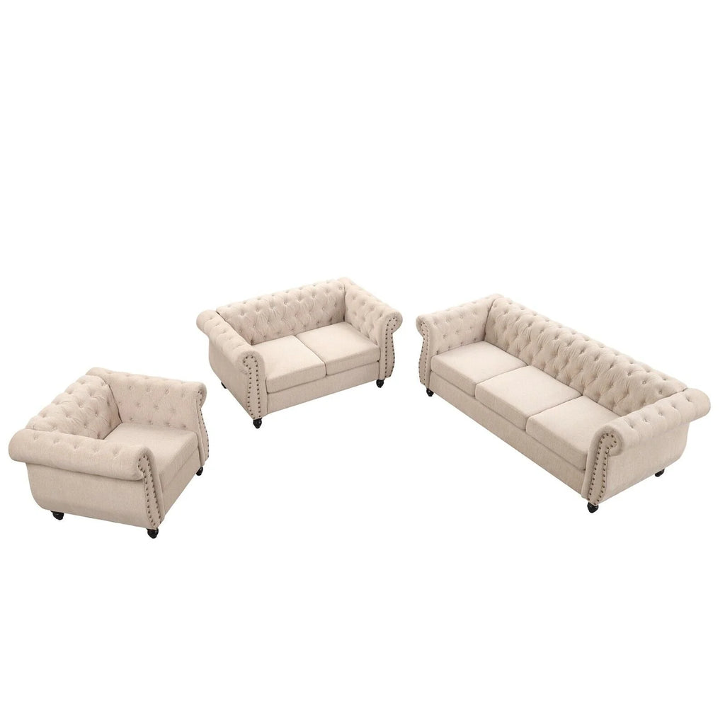 Classic 3 Seater Button Tufted Sofa, Upholstered Couch with Nailhead Rolled Arms Removable Cushions for Living Room Office Bedroom