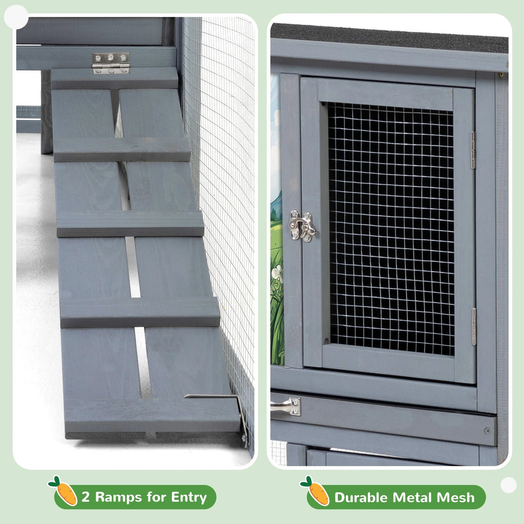 COZIWOW 94'' Wooden Large Rabbit Hutch with Pull Guinea Pig House Chincken Coop Gray