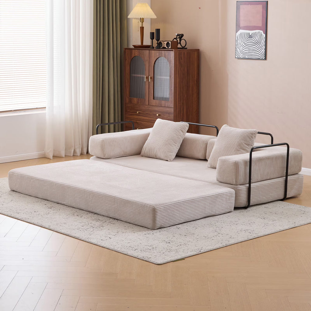 Taicans Convertible Floor Sofa Bed - 3 Seats Foldable Corduroy Futon Couch w/Pillow Support,Space-Saving Guest Bed for Living Room,Dorm,No Assembly Compressible Foam Mattress (Gray,76.7Inch L)
