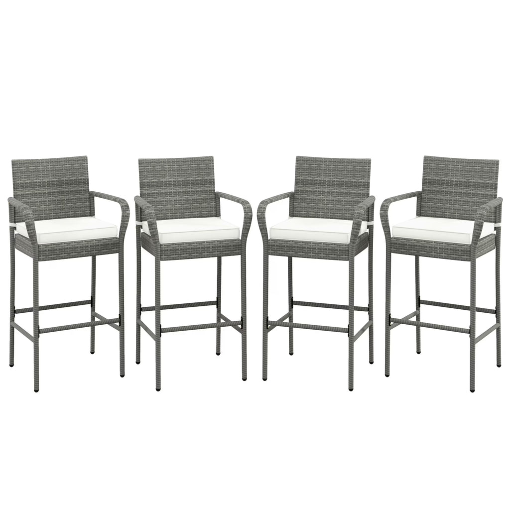 Gymax Set of 4 Rattan Patio Bar Stools Outdoor Bar Height Chairs w/ Cushions