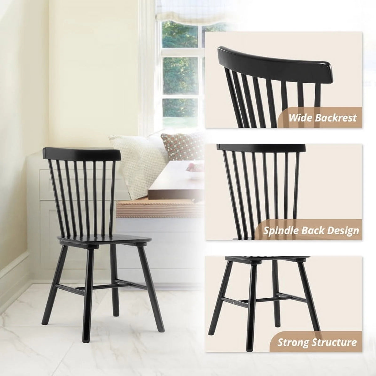 Dycanpo Dining Chairs Set of 4, Black Kitchen/Dining Room Wooden Chairs with Mid Century Modern,18''
