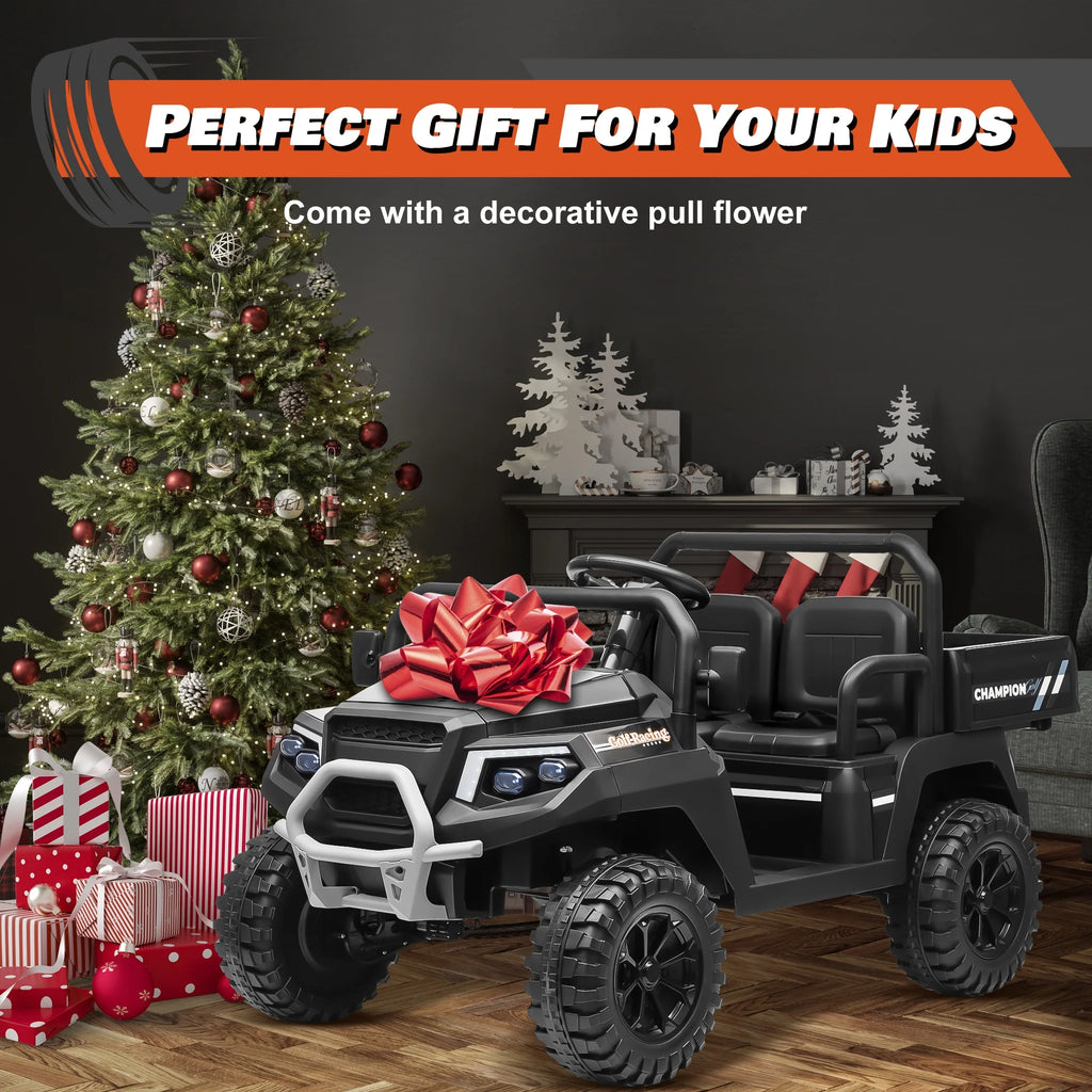 Joyracer 4WD 24 Volt Ride on Toys UTV with 2 Seater & Remote Control, Kids Electric Golf Cart w/ 4x200W Power Motors, Tiltable Trailer & Shovel, 4 Wheels Spring Suspension, Bluetooth USB Music, Black