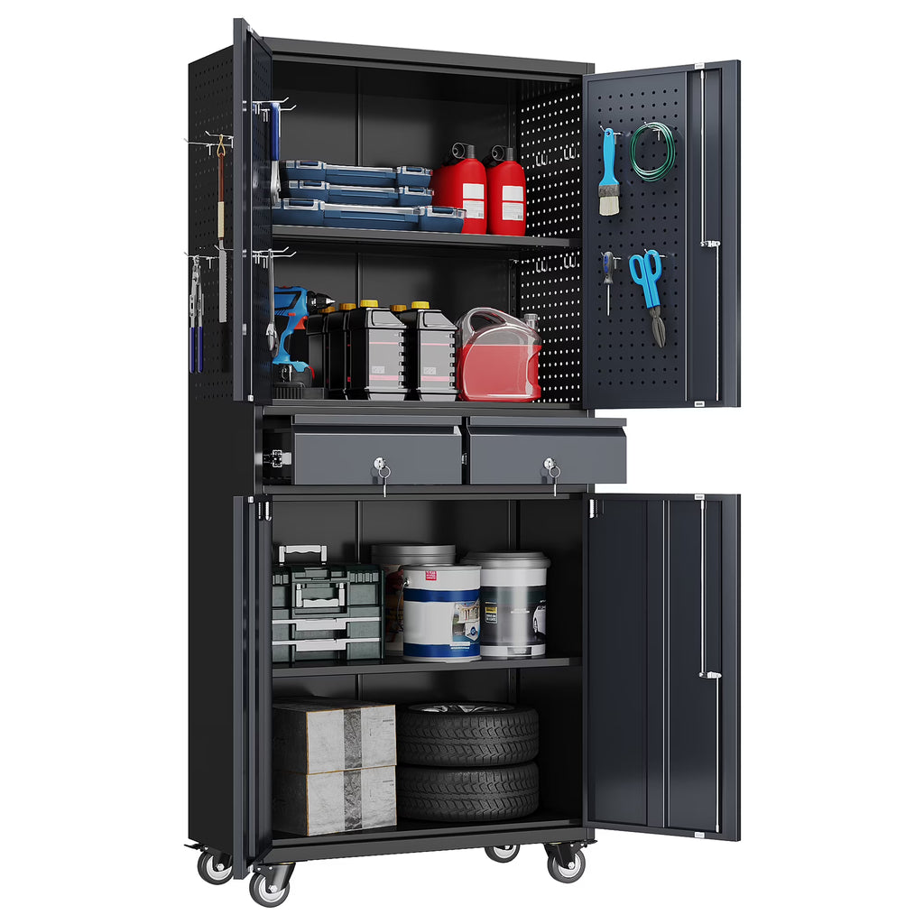 GangMei 71 Inches Tall Metal Garage Storage Cabinets with 5 Adjustable Shelves & Pegboards, Lockable Steel Black Storage Cabinet with Doors for Office, Home, School, Shops, Garage, Assembly required