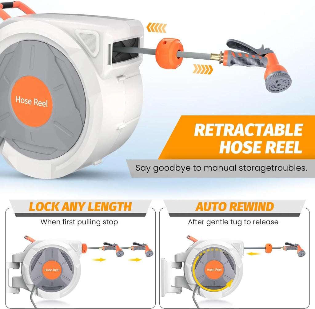 Auto-Retract Wall-Mounted Garden Hose Reel w/9-Pattern Nozzle, 180 Swivel & Any-Length Lock, 600PSI Durable