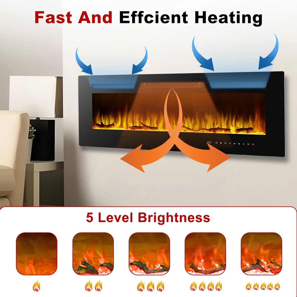 60" Electric Fireplace, Ultra-thin Recessed and Wall Mounted Fireplace, Linear Fireplace with Timer Remote Control Adjustable Flame Color 750w/1500w Black