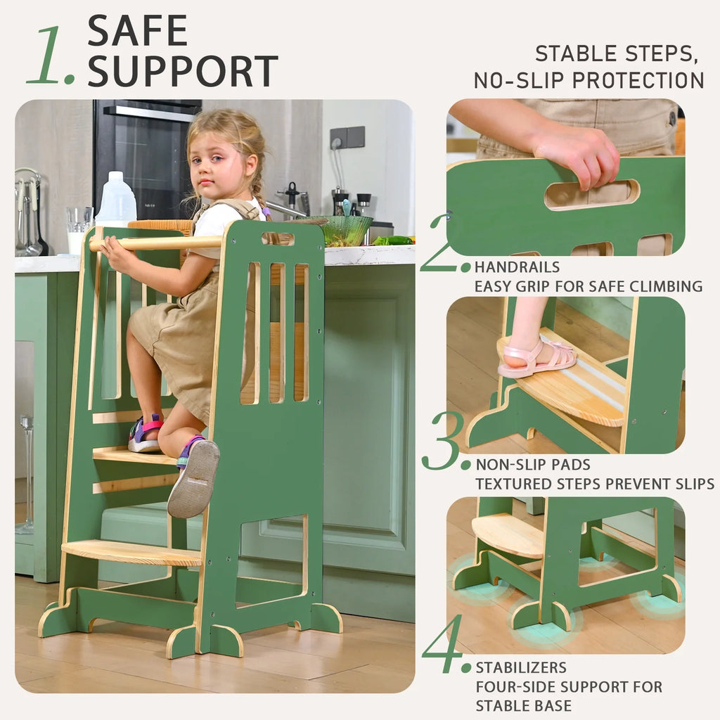 Toddler Standing Tower, Kids Kitchen Stool Helper 3 Levels Adjustable Height Wooden Toddler Step Stools for Learning New Skills