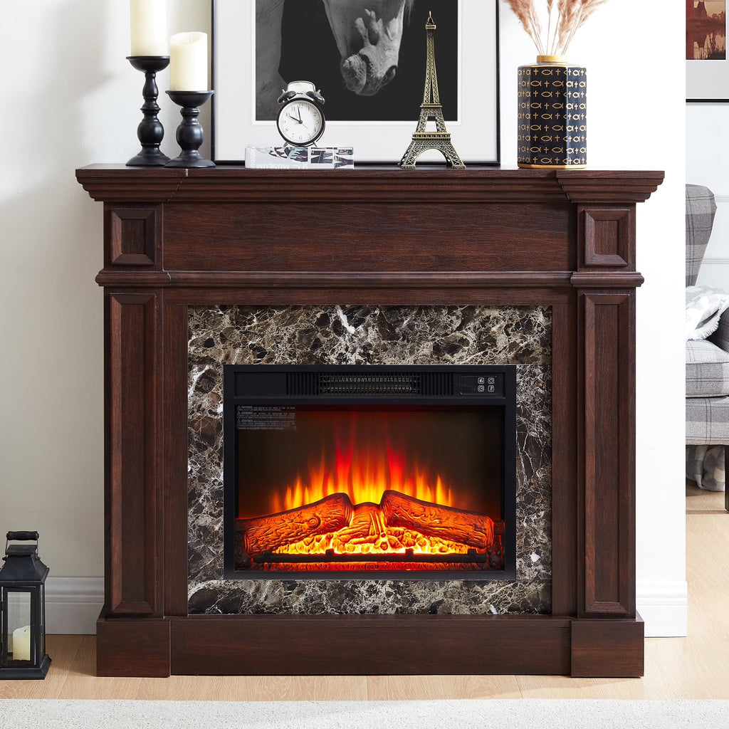 IMKHK Fireplace with Mantel, 46" Freestanding Electric Fireplace Heater with Stacked Stone Surround, TV Stand with Fireplace, Remote Control, Adjustable Flame Level for Living Room, 1400W, Brown