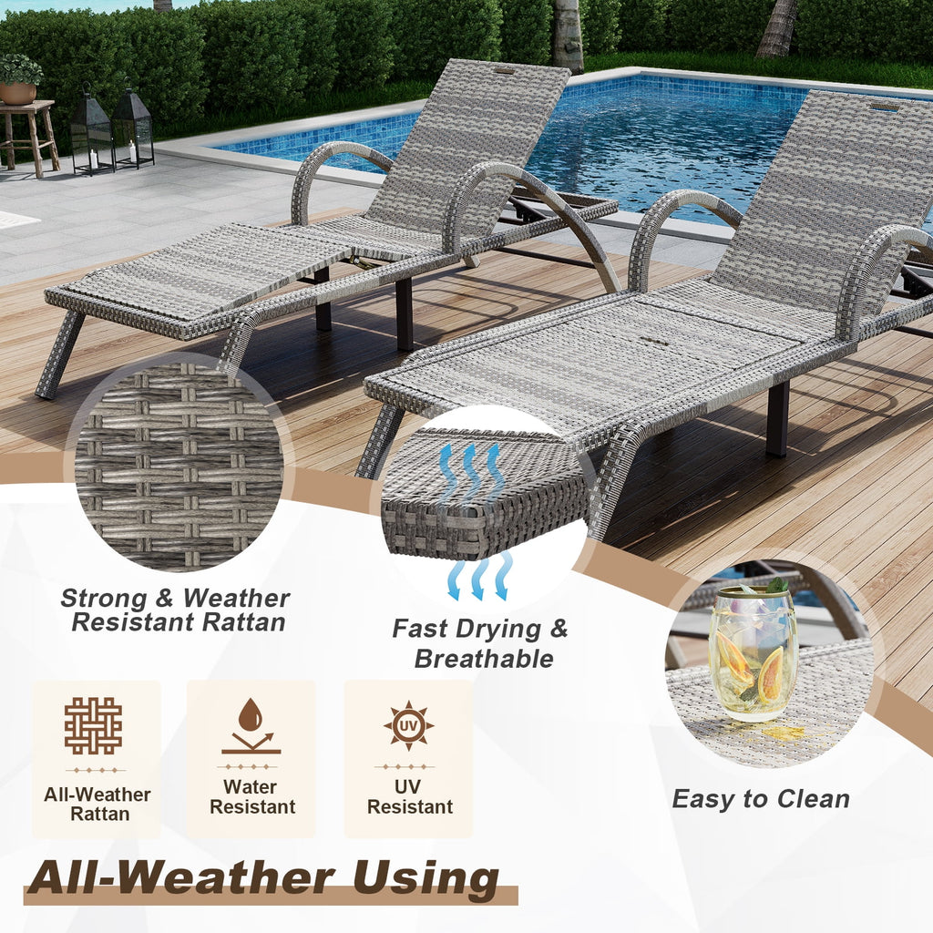 MEISSALIVVE 4-Piece Outdoor Lounge Chairs, Pool Chairs with Adjustable 5 Position Backrest , PE Rattan Chaise for Backyard Porch Deck (Gray)